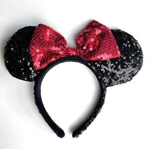 Disney Parks Minnie Mouse Black Ears Red Bow Sequins Headband Sparkly Dressup
